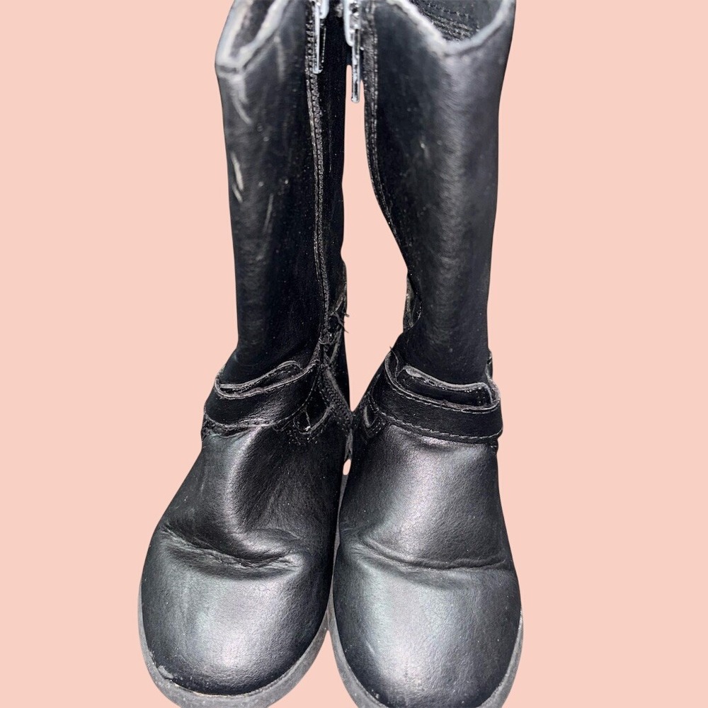 OshKosh B'gosh Girls Mid-Calf Boots Black Side Zip Buckle Strap Size 8 easy on